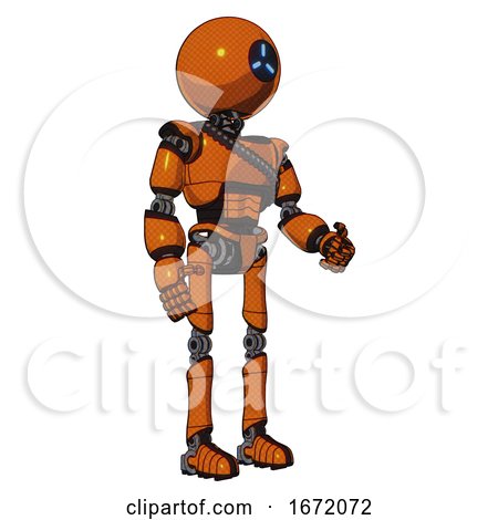 Automaton Containing Dual Retro Camera Head and Three-dash Cyclops Round Head and Light Chest Exoshielding and Rubber Chain Sash and Ultralight Foot Exosuit. Secondary Orange Halftone. by Leo Blanchette