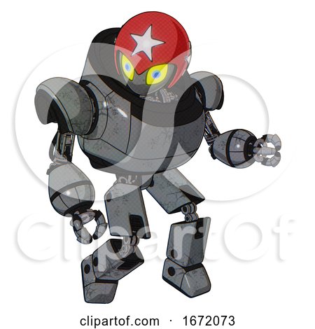 Bot Containing Grey Alien Style Head and Yellow Eyes with Blue Pupils and Stars and Red Helmet and Heavy Upper Chest and Prototype Exoplate Legs. Patent Concrete Gray Metal. Fight or Defense Pose.. by Leo Blanchette