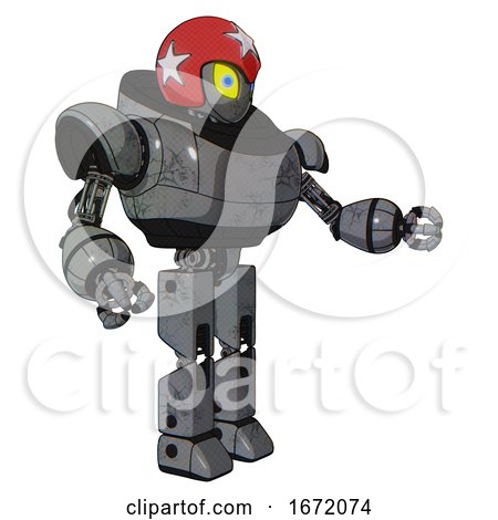 Bot Containing Grey Alien Style Head and Yellow Eyes with Blue Pupils and Stars and Red Helmet and Heavy Upper Chest and Prototype Exoplate Legs. Patent Concrete Gray Metal. Interacting. by Leo Blanchette