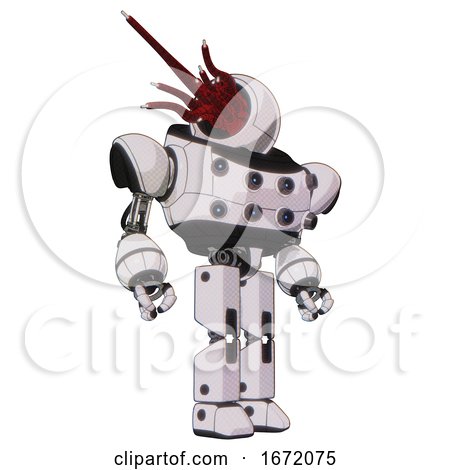 Bot Containing Jellyfish Style Head Red Fiber Optic Tentacles and Heavy Upper Chest and Chest Energy Sockets and Prototype Exoplate Legs. White Halftone Toon. Hero Pose. by Leo Blanchette