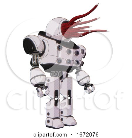 Bot Containing Jellyfish Style Head Red Fiber Optic Tentacles and Heavy Upper Chest and Chest Energy Sockets and Prototype Exoplate Legs. White Halftone Toon. Facing Left View. by Leo Blanchette