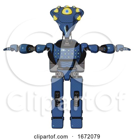 Mech Containing Flat Elongated Skull Head and Yellow Eyeball Array and Light Chest Exoshielding and Chest Green Blue Lights Array and Rocket Pack and Prototype Exoplate Legs. Blue Halftone. T-pose. by Leo Blanchette