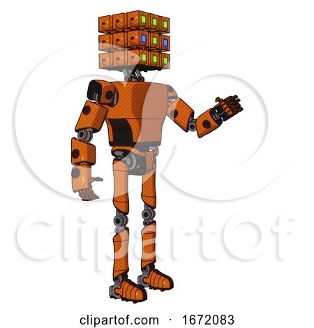 Automaton Containing Dual Retro Camera Head and Cube Array Head and Light Chest Exoshielding and Prototype Exoplate Chest and Ultralight Foot Exosuit. Secondary Orange Halftone. Interacting. by Leo Blanchette