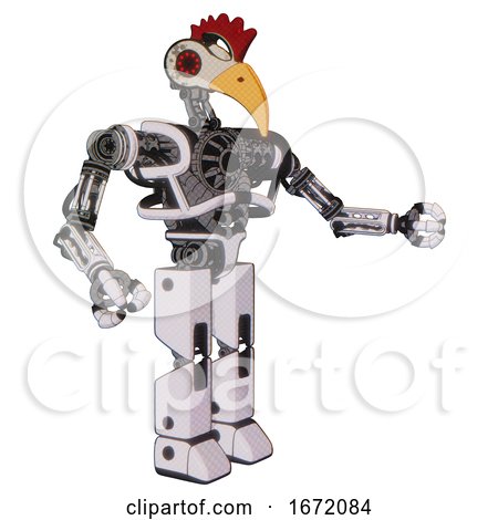 Robot Containing Bird Skull Head and Red Led Circle Eyes and Chicken Design and Heavy Upper Chest and No Chest Plating and Prototype Exoplate Legs. White Halftone Toon. Interacting. by Leo Blanchette