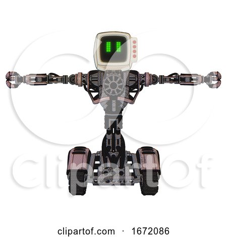 Bot Containing Old Computer Monitor and Pixel Line Eyes and Red Buttons and Heavy Upper Chest and No Chest Plating and Tank Tracks. Powder Pink Metal. T-pose. by Leo Blanchette