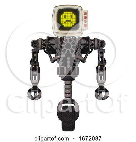 Droid Containing Old Computer Monitor and Yellow Sad Pixel Face and Red Buttons and Heavy Upper Chest and No Chest Plating and Unicycle Wheel. Light Pink Beige. Front View. by Leo Blanchette