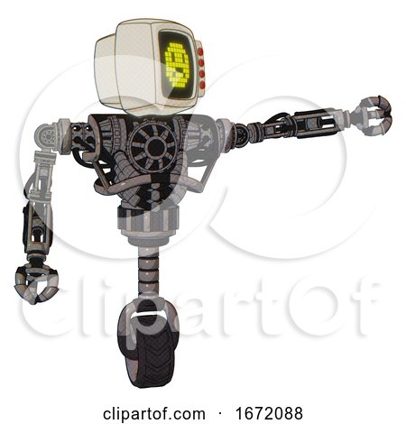Droid Containing Old Computer Monitor and Yellow Sad Pixel Face and Red Buttons and Heavy Upper Chest and No Chest Plating and Unicycle Wheel. Light Pink Beige. Pointing Left or Pushing a Button.. by Leo Blanchette
