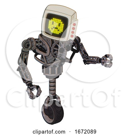 Droid Containing Old Computer Monitor and Yellow Sad Pixel Face and Red Buttons and Heavy Upper Chest and No Chest Plating and Unicycle Wheel. Light Pink Beige. Fight or Defense Pose.. by Leo Blanchette