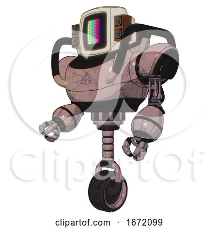 Automaton Containing Old Computer Monitor and Please Stand by Pixel Design and Old Retro Speakers and Heavy Upper Chest and Unicycle Wheel. Powder Pink Metal. Facing Right View. by Leo Blanchette