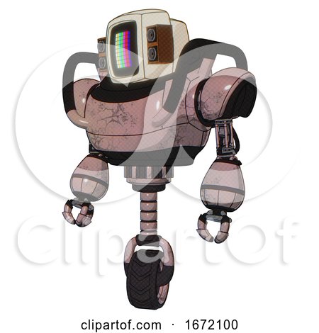 Automaton Containing Old Computer Monitor and Please Stand by Pixel Design and Old Retro Speakers and Heavy Upper Chest and Unicycle Wheel. Powder Pink Metal. Standing Looking Right Restful Pose. by Leo Blanchette