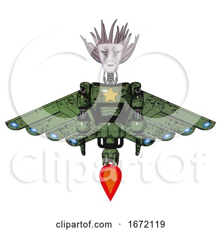 Droid Containing Humanoid Face Mask and War Paint and Light Chest Exoshielding and Yellow Star and Cherub Wings Design and Jet Propulsion. Grunge Grass Green. Front View. by Leo Blanchette