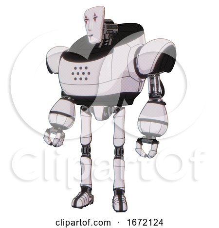 Bot Containing Humanoid Face Mask and Red Clown Marks and Heavy Upper Chest and Ultralight Foot Exosuit. White Halftone Toon. Standing Looking Right Restful Pose. by Leo Blanchette