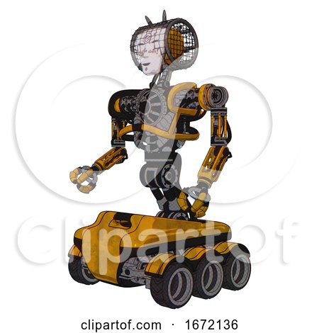 Bot Containing Humanoid Face Mask and Die Robots Graffiti Design and Heavy Upper Chest and No Chest Plating and Six-wheeler Base. Worn Construction Yellow. Facing Right View. by Leo Blanchette
