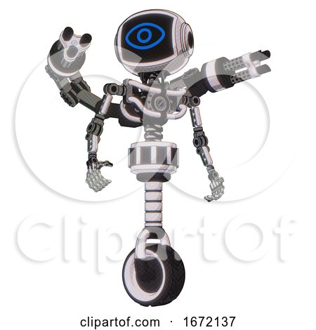 Bot Containing Digital Display Head and Large Eye and Light Chest Exoshielding and Minigun Back Assembly and No Chest Plating and Unicycle Wheel. White Halftone Toon. Hero Pose. by Leo Blanchette