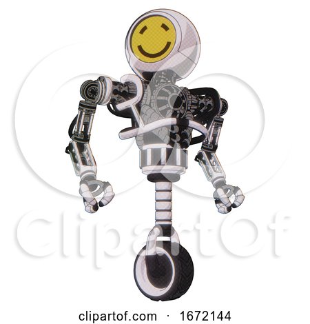 Cyborg Containing Round Head Yellow Happy Face and Heavy Upper Chest and No Chest Plating and Unicycle Wheel. White Halftone Toon. Hero Pose. by Leo Blanchette