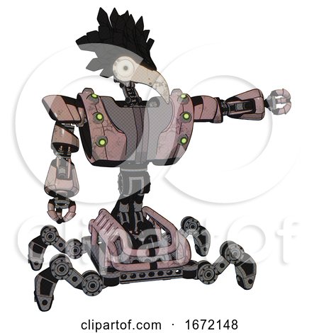 Bot Containing Bird Skull Head and Bone Skull Eye Holes and Crow Feather Design and Heavy Upper Chest and Heavy Mech Chest and Green Cable Sockets Array and Insect Walker Legs. Powder Pink Metal. by Leo Blanchette