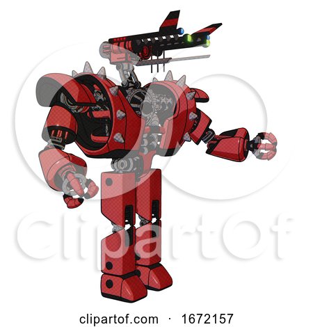 Automaton Containing Dual Retro Camera Head and Communications Array Head and Heavy Upper Chest and Heavy Mech Chest and Shoulder Spikes and Prototype Exoplate Legs. Primary Red Halftone. Interacting. by Leo Blanchette