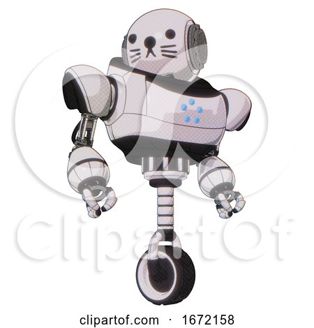 Bot Containing Round Head and Heavy Upper Chest and Circle of Blue Leds and Unicycle Wheel and Cat Face. White Halftone Toon. Hero Pose. by Leo Blanchette