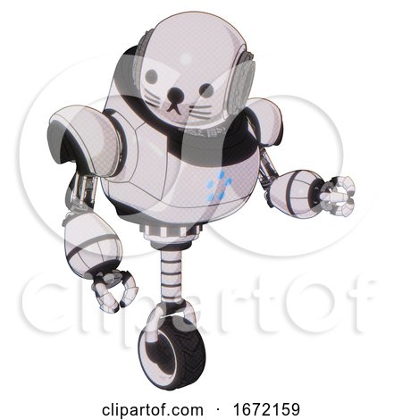 Bot Containing Round Head and Heavy Upper Chest and Circle of Blue Leds and Unicycle Wheel and Cat Face. White Halftone Toon. Fight or Defense Pose.. by Leo Blanchette