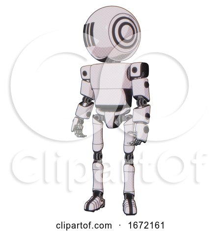Bot Containing Round Head and Three Lens Sentinel Visor and Light Chest Exoshielding and Prototype Exoplate Chest and Ultralight Foot Exosuit. White Halftone Toon. Standing Looking Right Restful Pose. by Leo Blanchette
