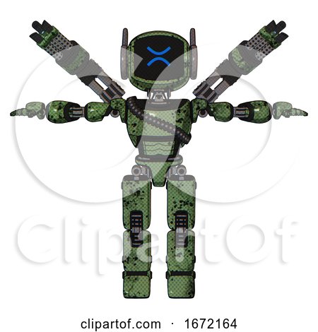 Mech Containing Digital Display Head and Wince Symbol Expression and Winglets and Light Chest Exoshielding and Rubber Chain Sash and Minigun Back Assembly and Prototype Exoplate Legs. by Leo Blanchette