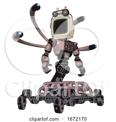 Cyborg Containing Old Computer Monitor and Old Computer Magnetic Tape and Light Chest Exoshielding and Chest Valve Crank and Blue-eye Cam Cable Tentacles and Insect Walker Legs. Grayish Pink. by Leo Blanchette