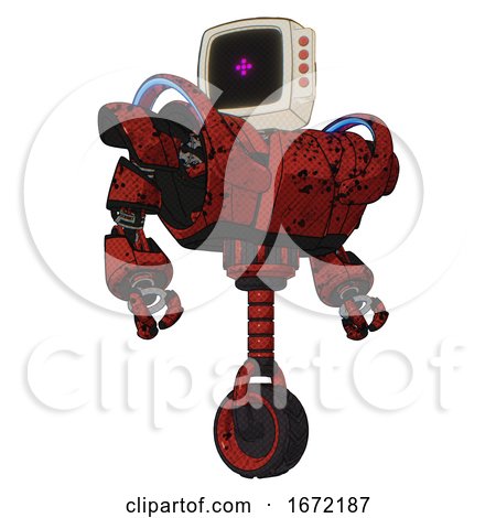 Automaton Containing Old Computer Monitor and Magenta Symbol Display and Red Buttons and Heavy Upper Chest and Heavy Mech Chest and Battle Mech Chest and Unicycle Wheel. Grunge Dots Cherry Tomato Red. by Leo Blanchette