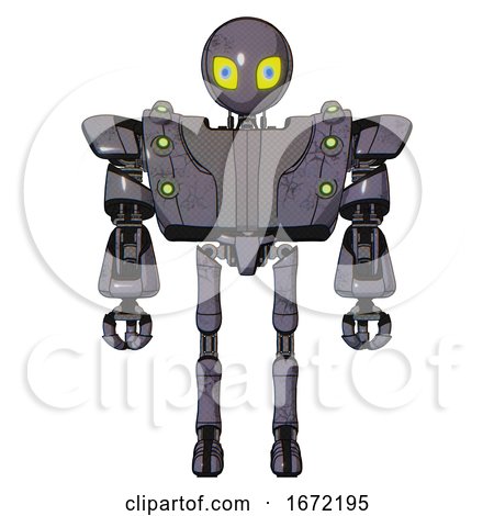 Bot Containing Grey Alien Style Head and Yellow Eyes with Blue Pupils and Heavy Upper Chest and Heavy Mech Chest and Green Cable Sockets Array and Ultralight Foot Exosuit. Light Lavender Metal. by Leo Blanchette