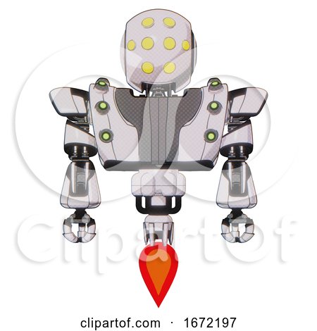Bot Containing Round Head and Yellow Eyes Array and Heavy Upper Chest and Heavy Mech Chest and Green Cable Sockets Array and Jet Propulsion. White Halftone Toon. Front View. by Leo Blanchette