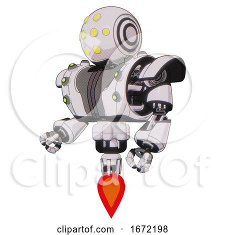 Bot Containing Round Head and Yellow Eyes Array and Heavy Upper Chest and Heavy Mech Chest and Green Cable Sockets Array and Jet Propulsion. White Halftone Toon. Facing Right View. by Leo Blanchette