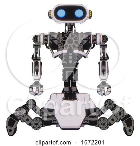 Robot Containing Dual Retro Camera Head and Cute Retro Robo Head and Yellow Head Leds and Heavy Upper Chest and No Chest Plating and Insect Walker Legs. White Halftone Toon. Front View. by Leo Blanchette