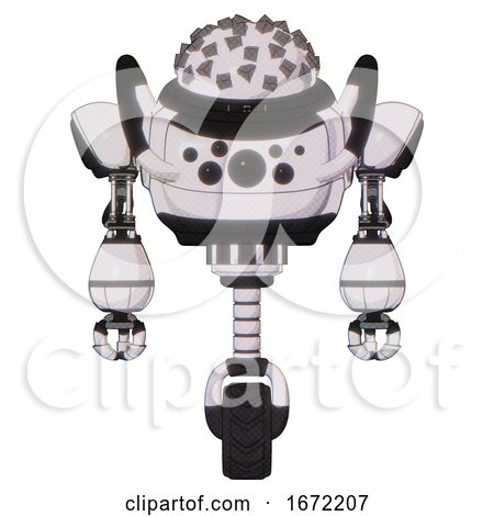 Mech Containing Metal Cubes Dome Head Design and Heavy Upper Chest and Chest Compound Eyes and Unicycle Wheel. White Halftone Toon. Front View. by Leo Blanchette