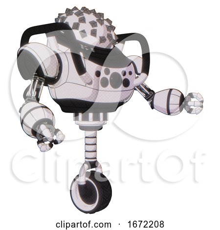 Mech Containing Metal Cubes Dome Head Design and Heavy Upper Chest and Chest Compound Eyes and Unicycle Wheel. White Halftone Toon. Interacting. by Leo Blanchette
