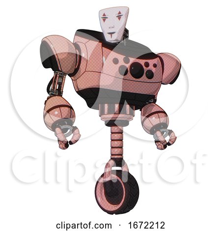 Cyborg Containing Humanoid Face Mask and Red Clown Marks and Heavy Upper Chest and Chest Compound Eyes and Unicycle Wheel. Toon Pink Tint. Hero Pose. by Leo Blanchette