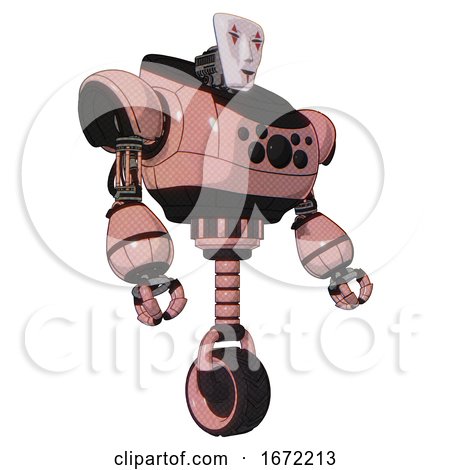 Cyborg Containing Humanoid Face Mask and Red Clown Marks and Heavy Upper Chest and Chest Compound Eyes and Unicycle Wheel. Toon Pink Tint. Facing Left View. by Leo Blanchette
