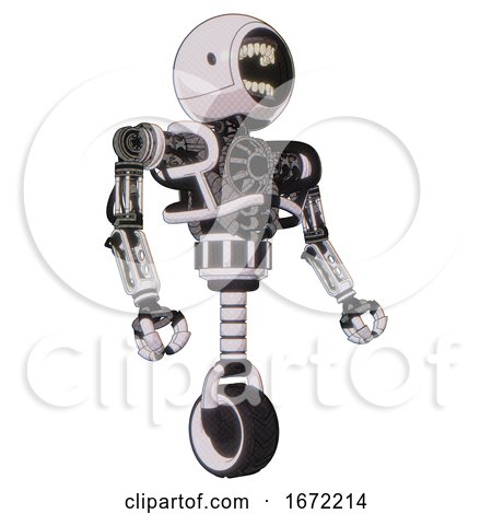 Bot Containing Round Head Chomper Design and Heavy Upper Chest and No Chest Plating and Unicycle Wheel. White Halftone Toon. Facing Left View. by Leo Blanchette
