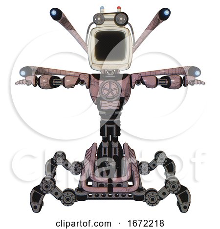 Cyborg Containing Old Computer Monitor and Old Computer Magnetic Tape and Light Chest Exoshielding and Chest Valve Crank and Blue-eye Cam Cable Tentacles and Insect Walker Legs. Grayish Pink. T-pose. by Leo Blanchette