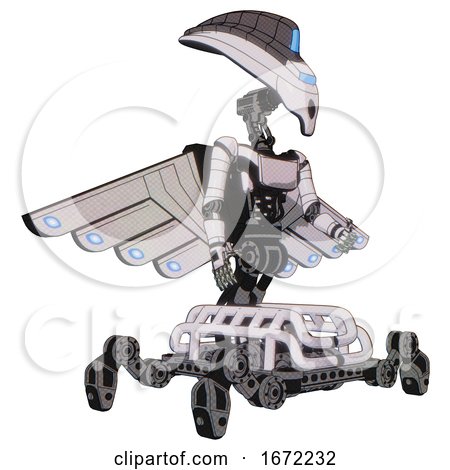 Droid Containing Flat Elongated Skull Head and Visor and Light Chest Exoshielding and Ultralight Chest Exosuit and Cherub Wings Design and Insect Walker Legs. White Halftone Toon. Facing Left View. by Leo Blanchette