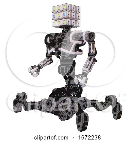 Cyborg Containing Dual Retro Camera Head and Cube Array Head and Heavy Upper Chest and No Chest Plating and Insect Walker Legs. White Halftone Toon. Facing Right View. by Leo Blanchette