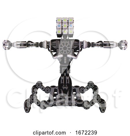 Cyborg Containing Dual Retro Camera Head and Cube Array Head and Heavy Upper Chest and No Chest Plating and Insect Walker Legs. White Halftone Toon. T-pose. by Leo Blanchette