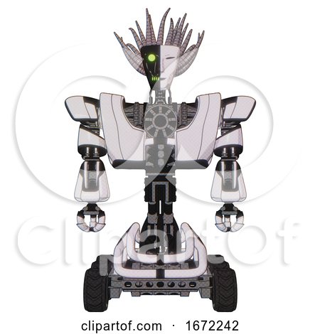 Automaton Containing Humanoid Face Mask and Two-face Black White Mask and Heavy Upper Chest and Heavy Mech Chest and Six-wheeler Base. White Halftone Toon. Front View. by Leo Blanchette