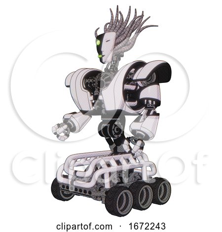 Automaton Containing Humanoid Face Mask and Two-face Black White Mask and Heavy Upper Chest and Heavy Mech Chest and Six-wheeler Base. White Halftone Toon. Facing Right View. by Leo Blanchette