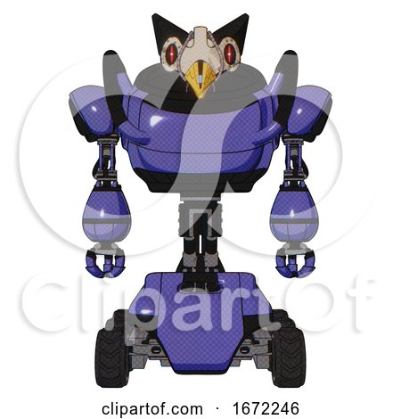 Robot Containing Bird Skull Head and Red Line Eyes and Robobeak Design and Heavy Upper Chest and Six-wheeler Base. Primary Blue Halftone. Front View. by Leo Blanchette