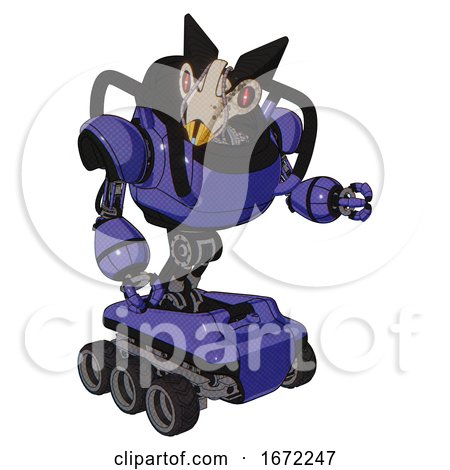 Robot Containing Bird Skull Head and Red Line Eyes and Robobeak Design and Heavy Upper Chest and Six-wheeler Base. Primary Blue Halftone. Fight or Defense Pose.. by Leo Blanchette