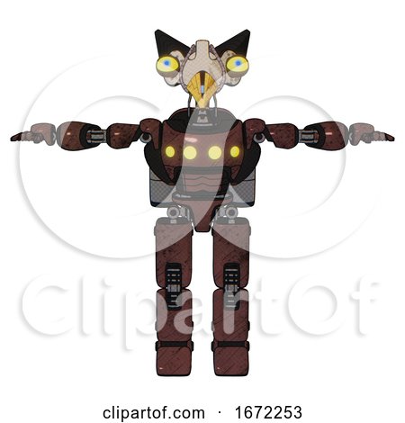 Mech Containing Bird Skull Head and Big Yellow Eyes and Robobeak Design and Light Chest Exoshielding and Yellow Chest Lights and Rocket Pack and Prototype Exoplate Legs. Steampunk Copper. T-pose. by Leo Blanchette