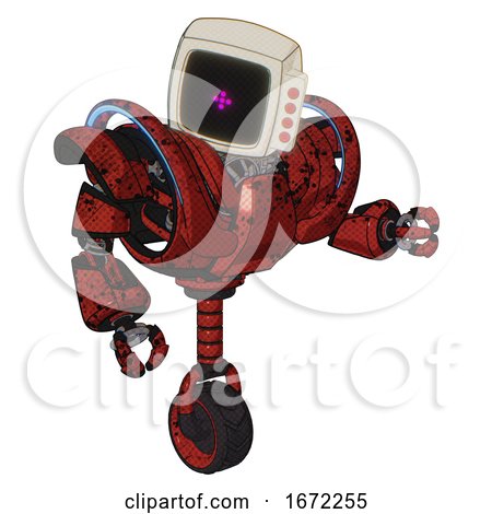 Automaton Containing Old Computer Monitor and Magenta Symbol Display and Red Buttons and Heavy Upper Chest and Heavy Mech Chest and Battle Mech Chest and Unicycle Wheel. Grunge Dots Cherry Tomato Red. by Leo Blanchette