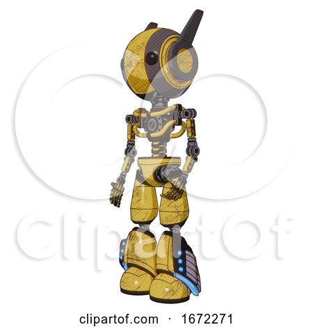 Cyborg Containing Round Head and Maru Eyes and Head Winglets and Light Chest Exoshielding and No Chest Plating and Light Leg Exoshielding and Megneto-hovers Foot Mod. Construction Yellow Halftone. by Leo Blanchette