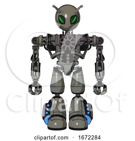 Bot Containing Grey Alien Style Head and Green Demon Eyes and Bug Antennas and Heavy Upper Chest and No Chest Plating and Light Leg Exoshielding and Megneto-hovers Foot Mod. Concrete Grey Metal. by Leo Blanchette