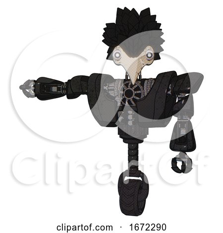Automaton Containing Bird Skull Head and White Eyeballs and Crow Feather Design and Heavy Upper Chest and Heavy Mech Chest and Unicycle Wheel. Dirty Black. Arm out Holding Invisible Object.. by Leo Blanchette