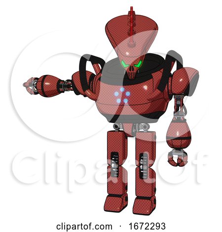 Mech Containing Flat Elongated Skull Head and Heavy Upper Chest and Circle of Blue Leds and Prototype Exoplate Legs. Light Brick Red. Arm out Holding Invisible Object.. by Leo Blanchette
